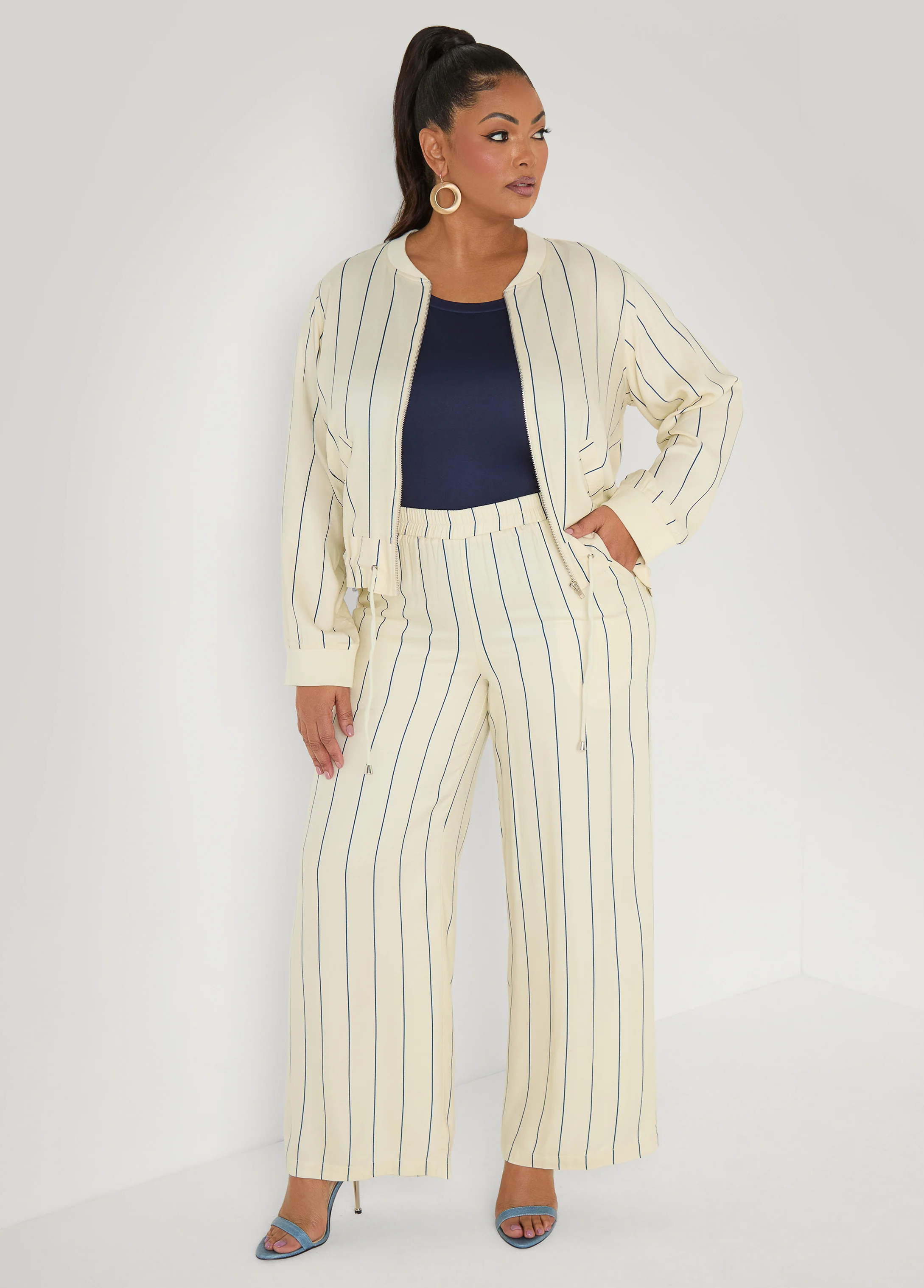 Pinstriped Zip Front Jacket - Image 10