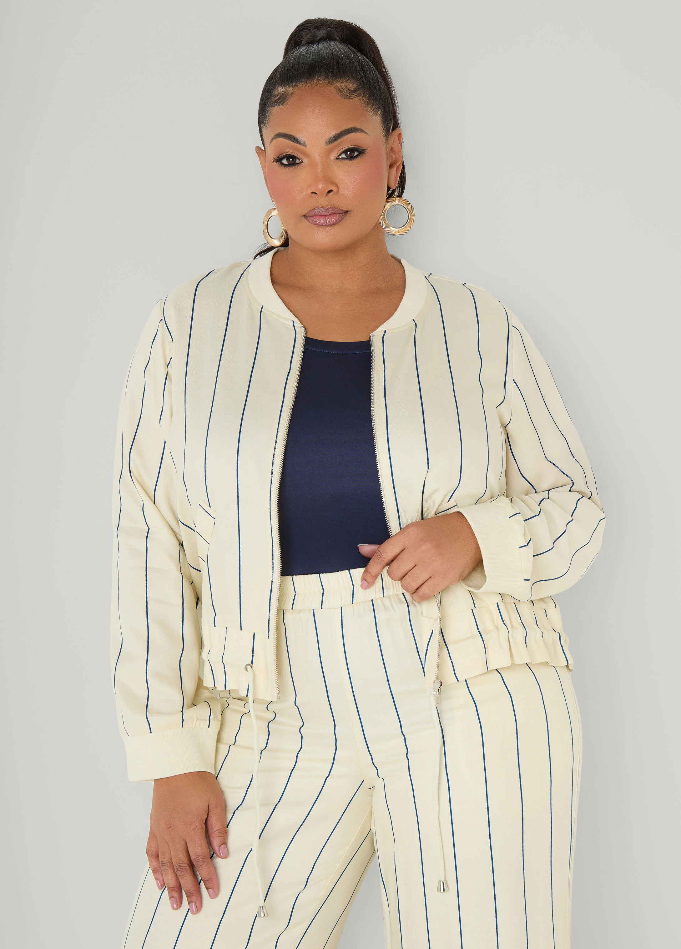 Pinstriped Zip Front Jacket - Image 9