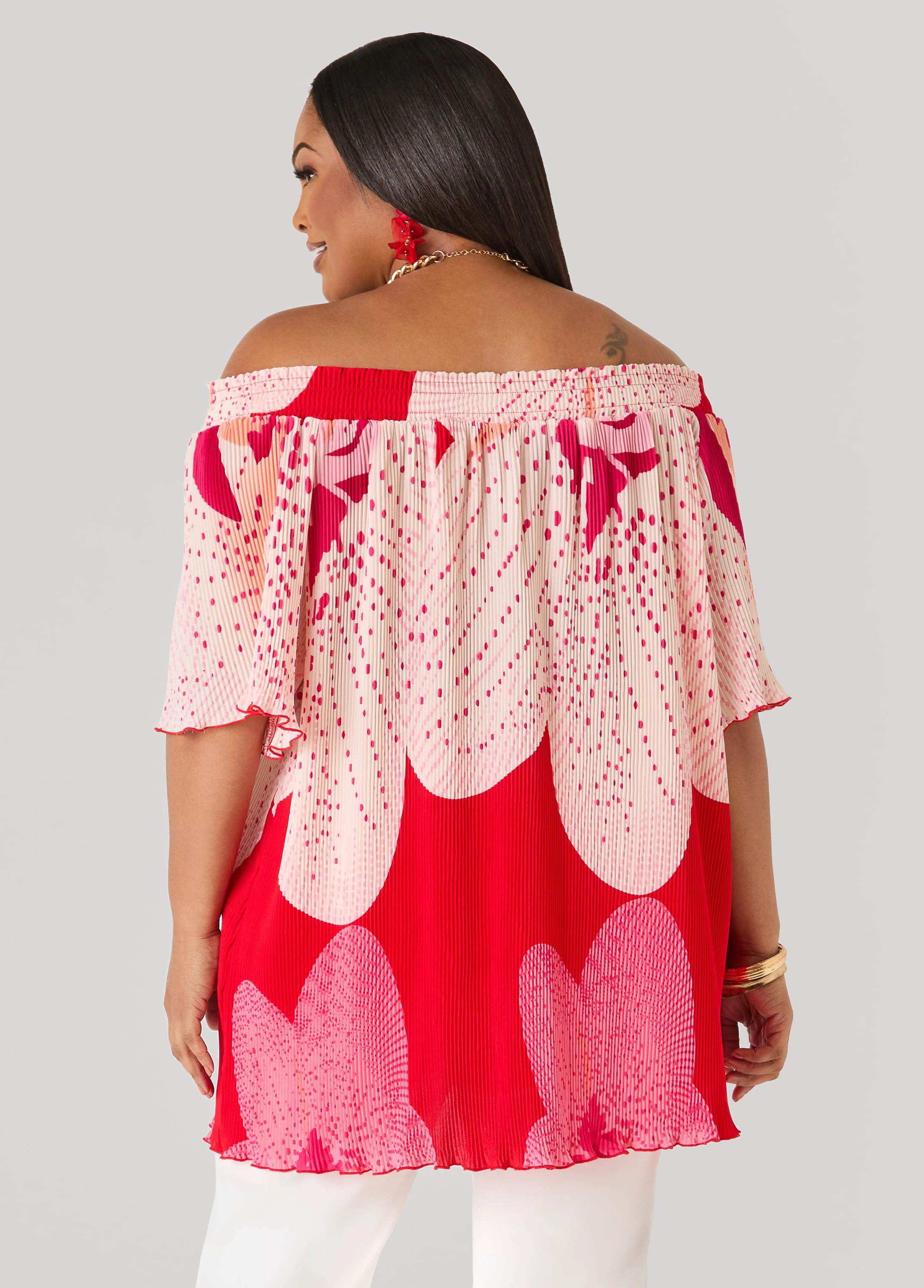 Off The Shoulder Floral Plisse Top - Image 2