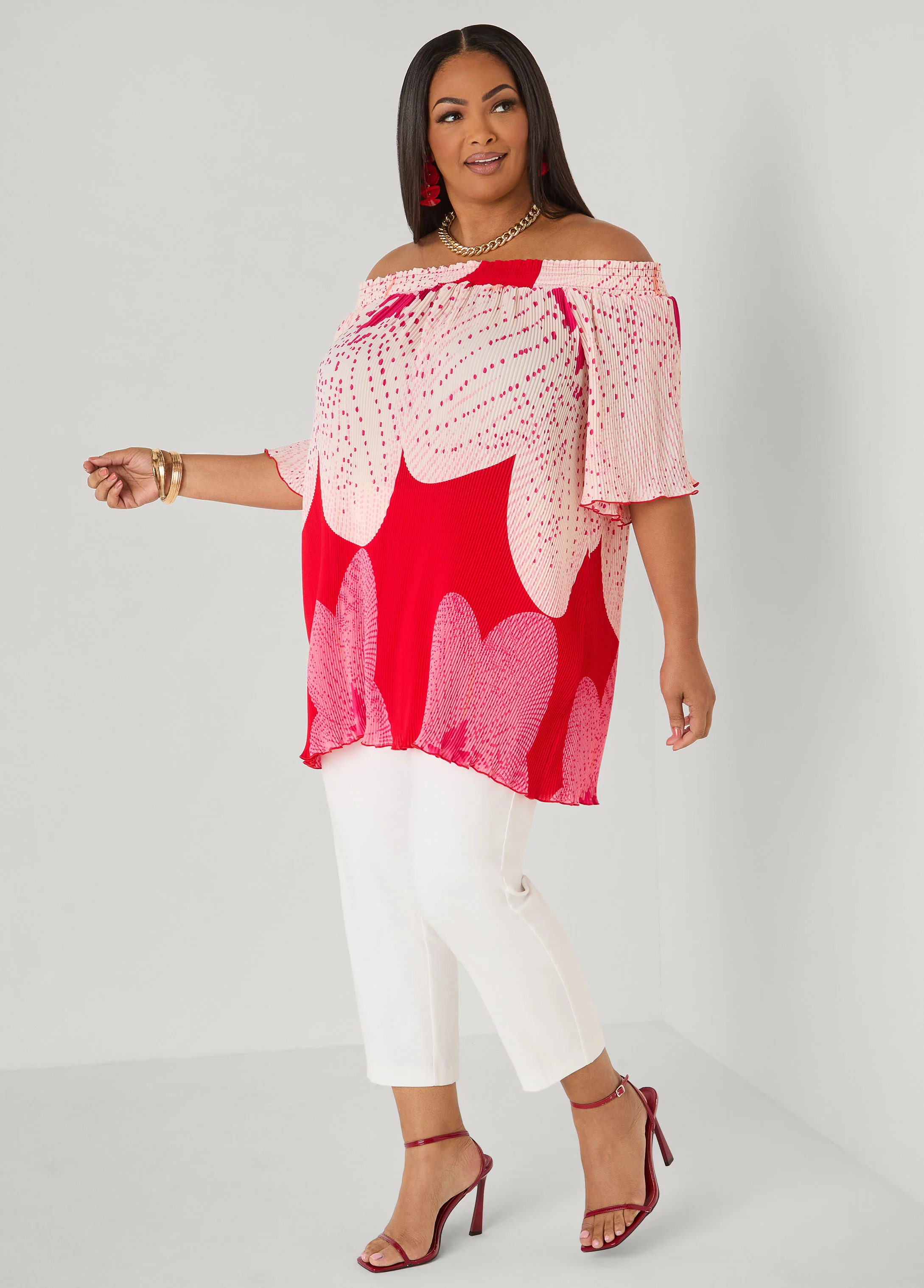 Off The Shoulder Floral Plisse Top - Image 3