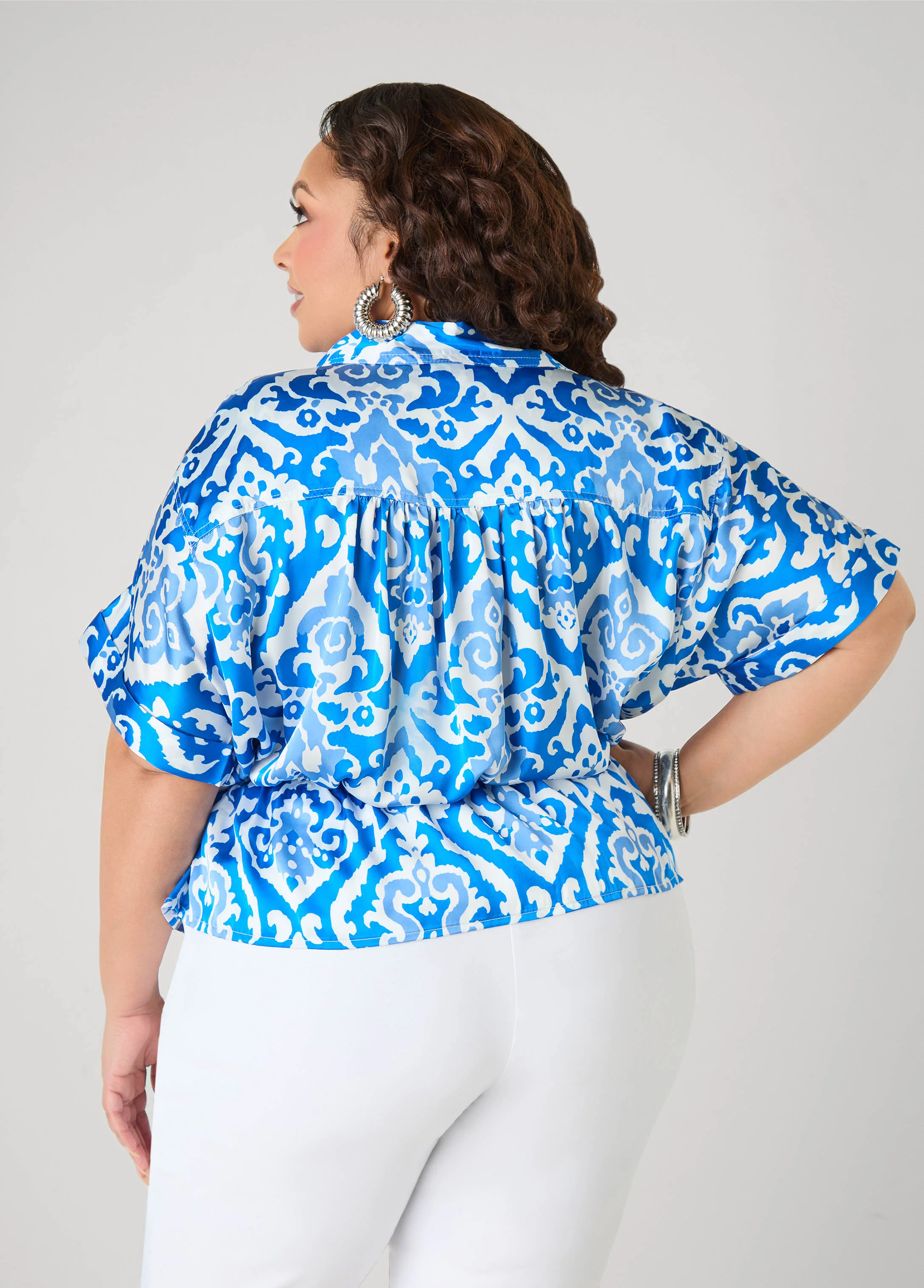 Cuffed Printed Satin Blouse - Image 2