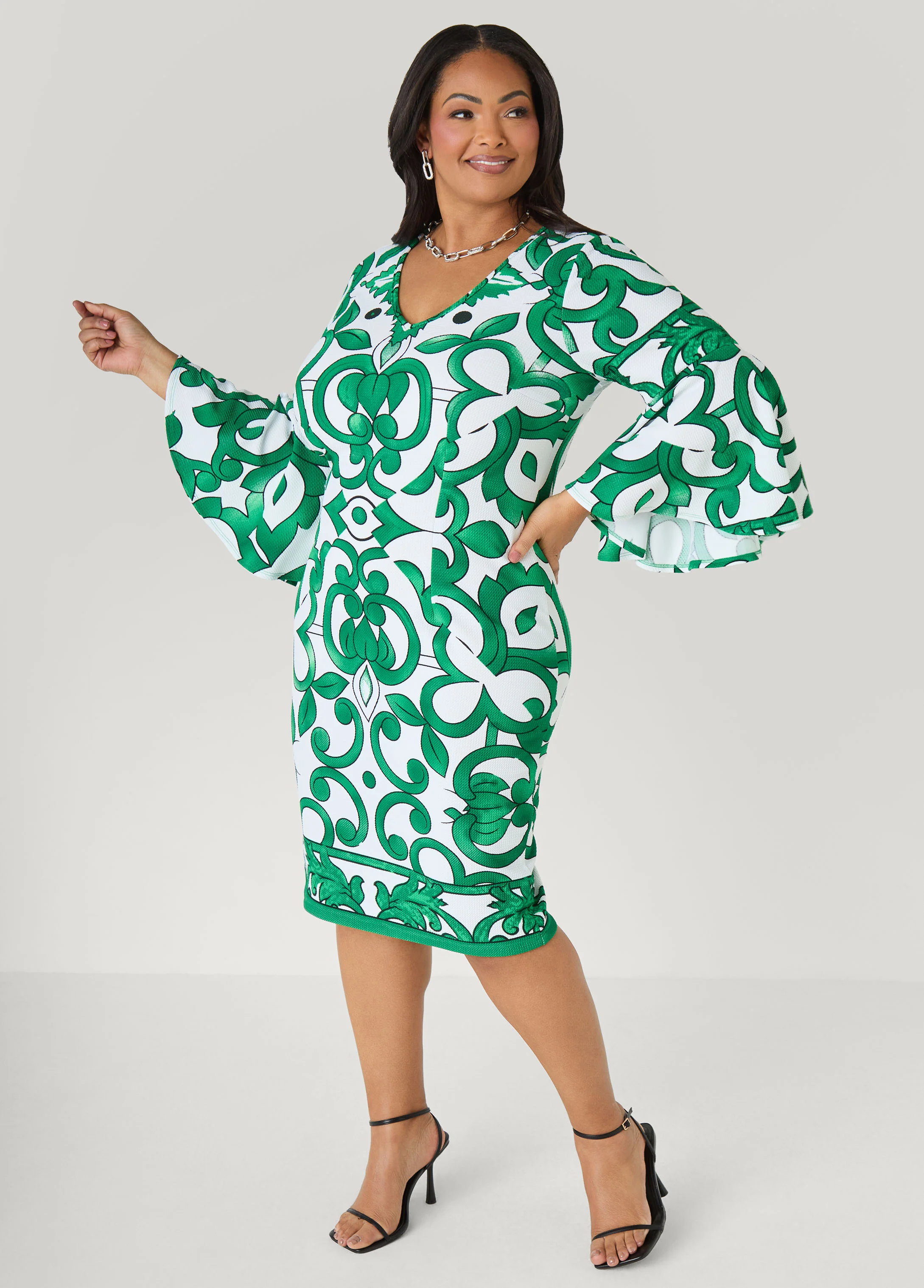 Bell Sleeved Scroll Print Dress - Image 3