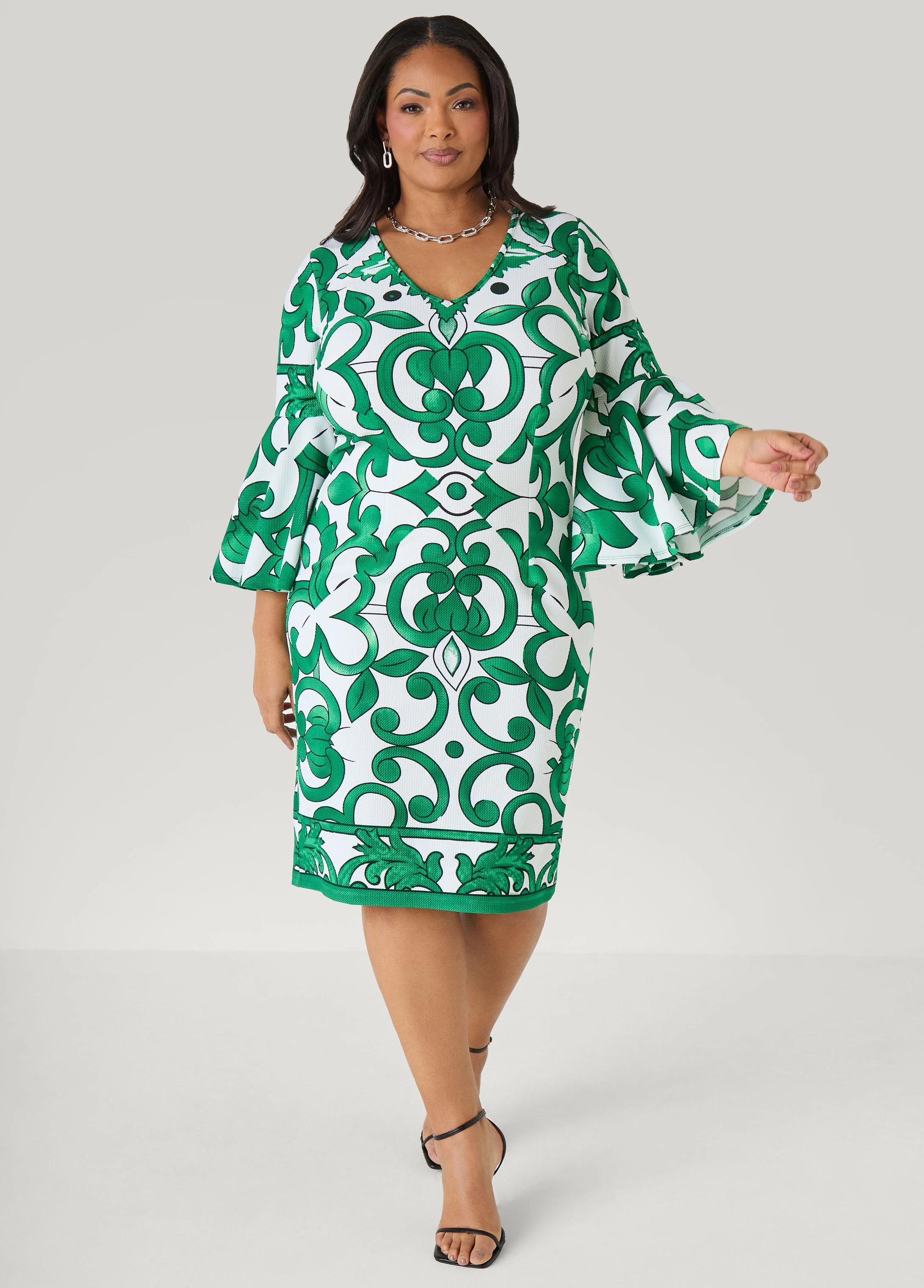 Bell Sleeved Scroll Print Dress - Image 4