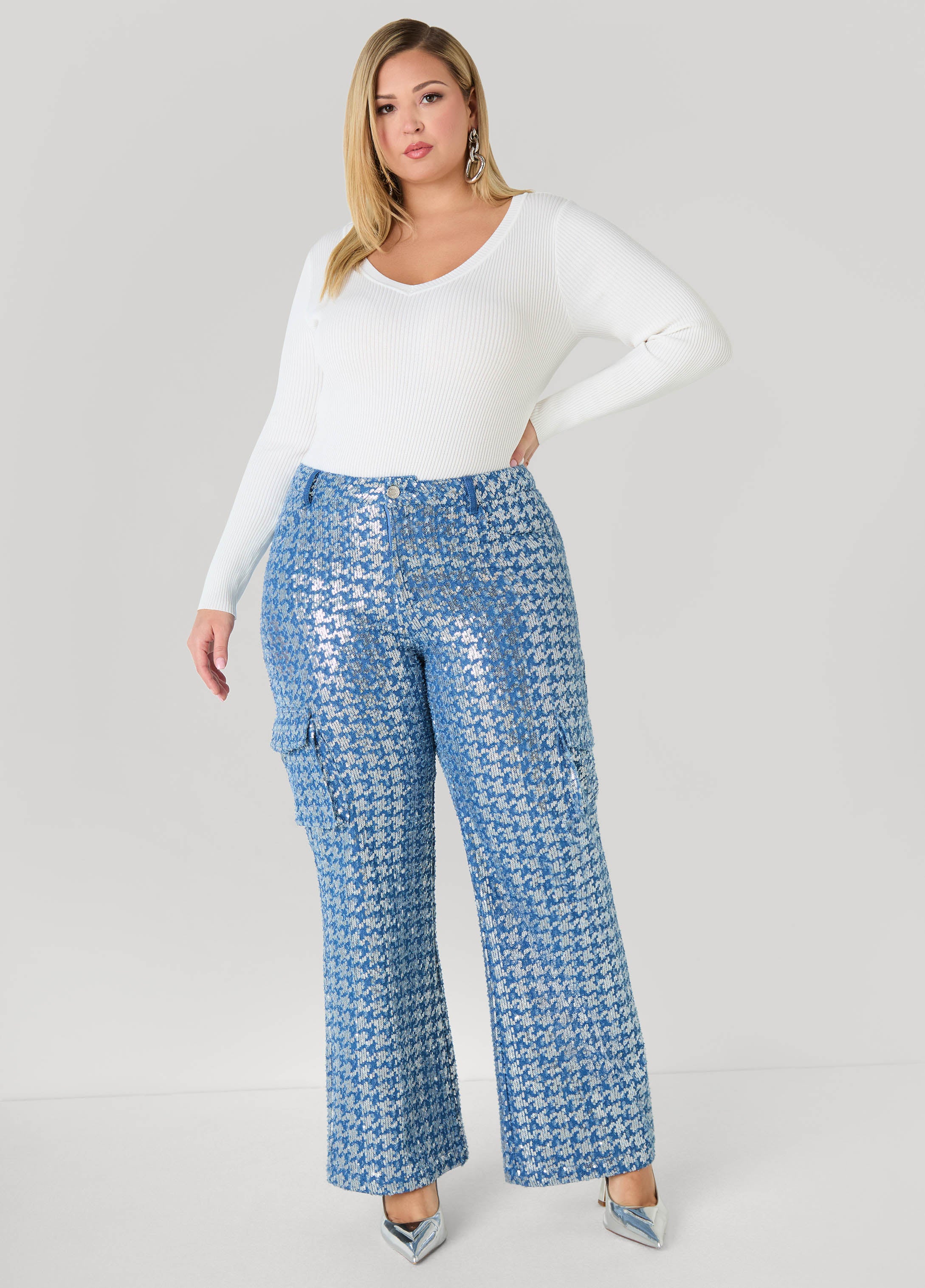 Distressed Sequined Cargo Jeans - Image 3