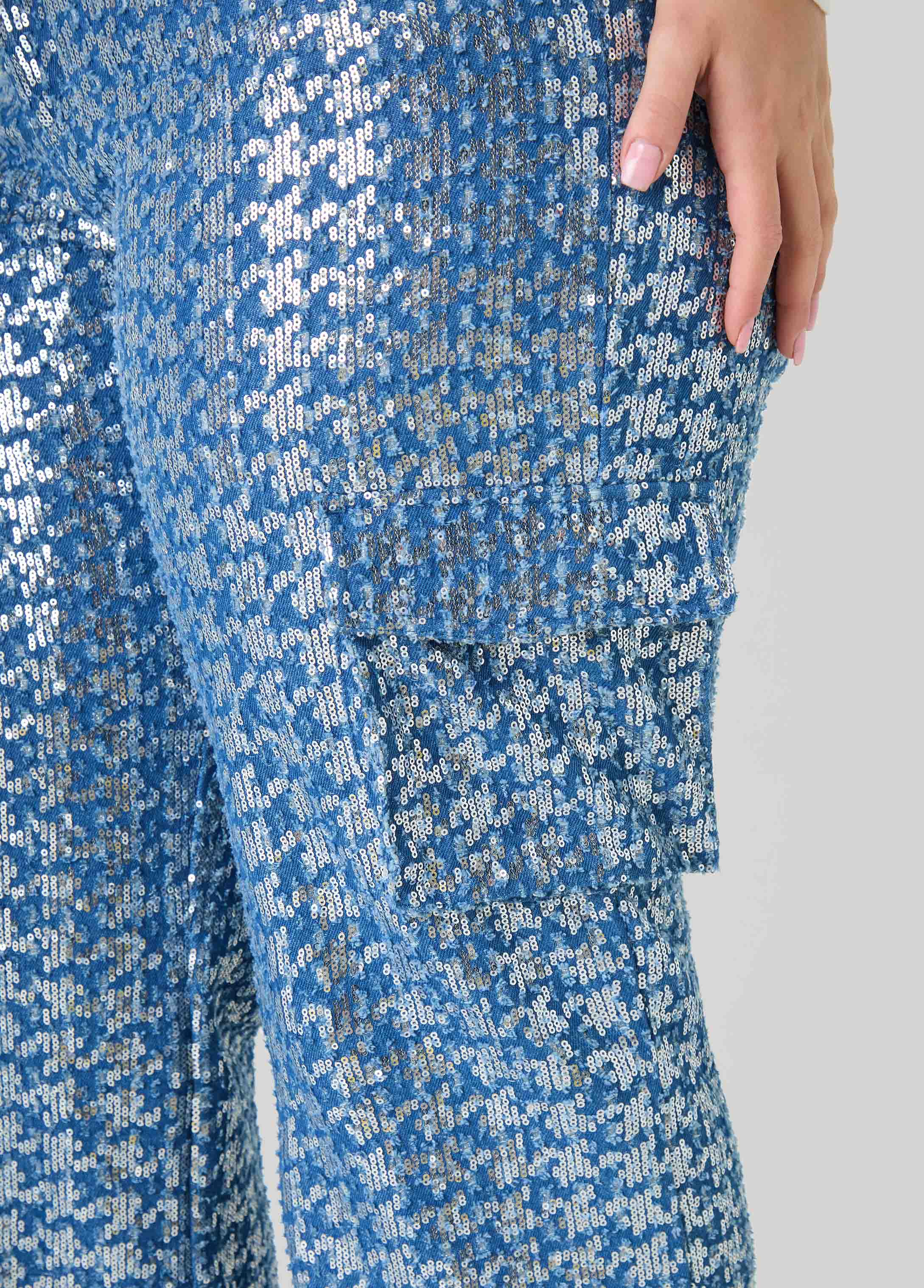 Distressed Sequined Cargo Jeans - Image 4