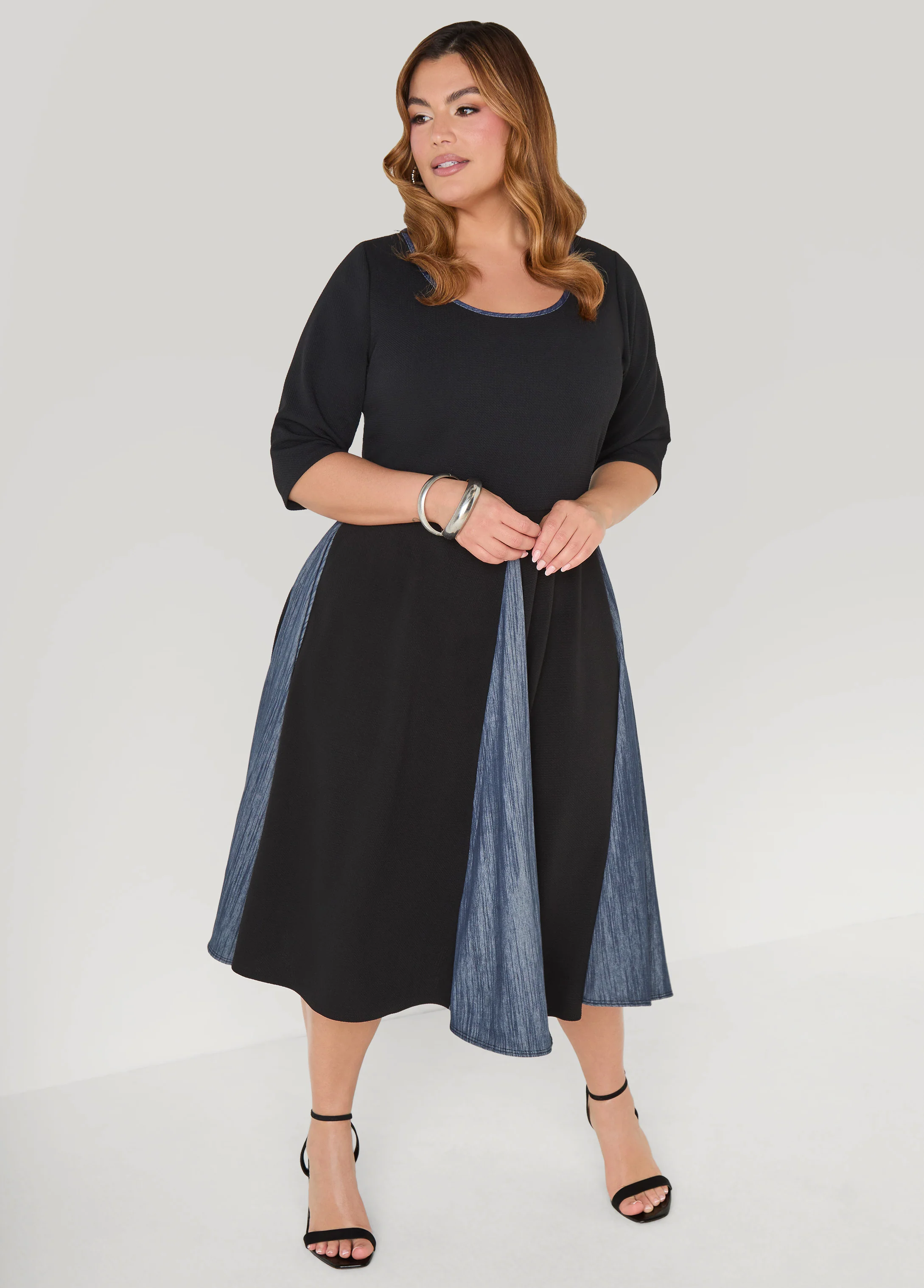 Denim Paneled A Line Dress - Image 3