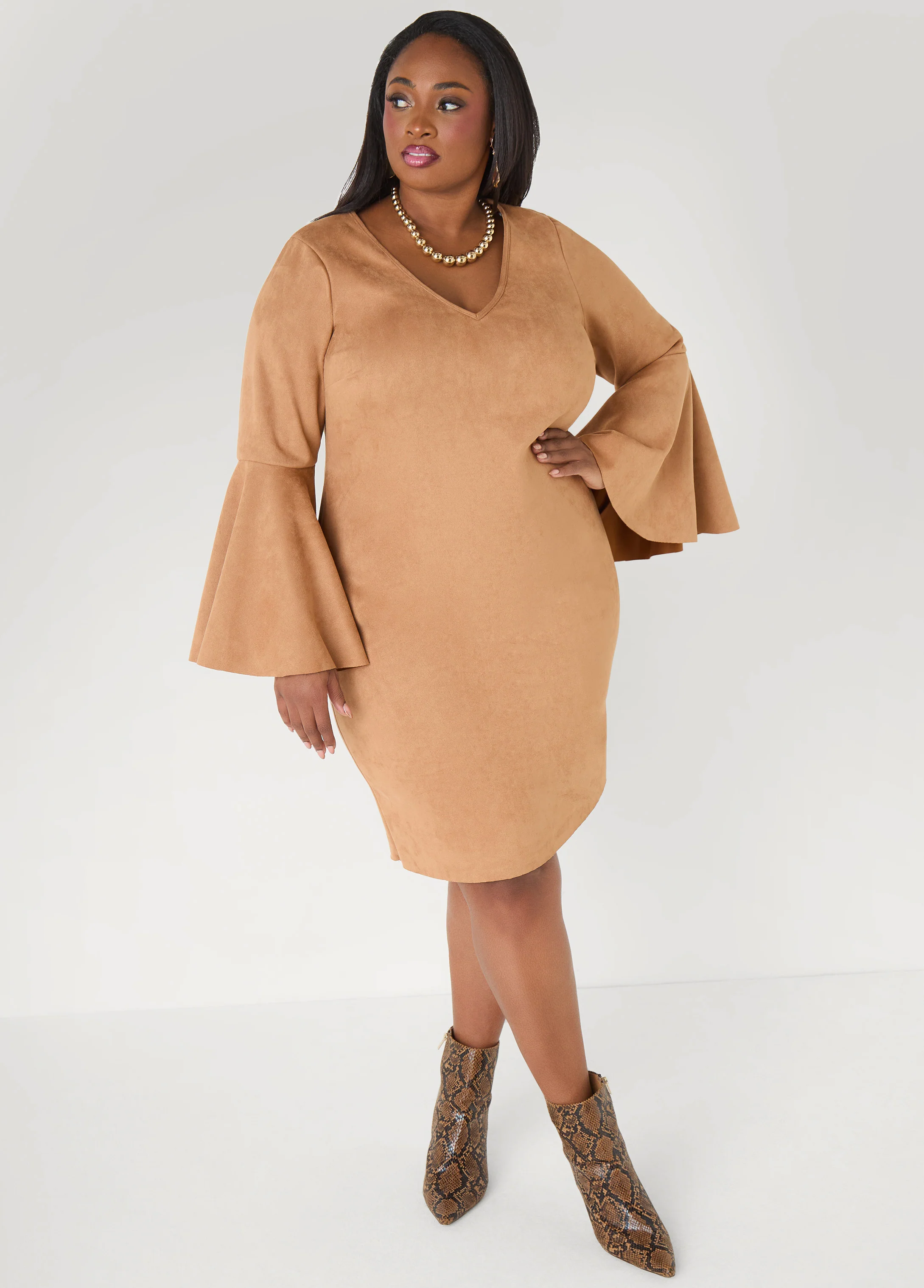 Bell Sleeved Faux Suede Dress - Image 10