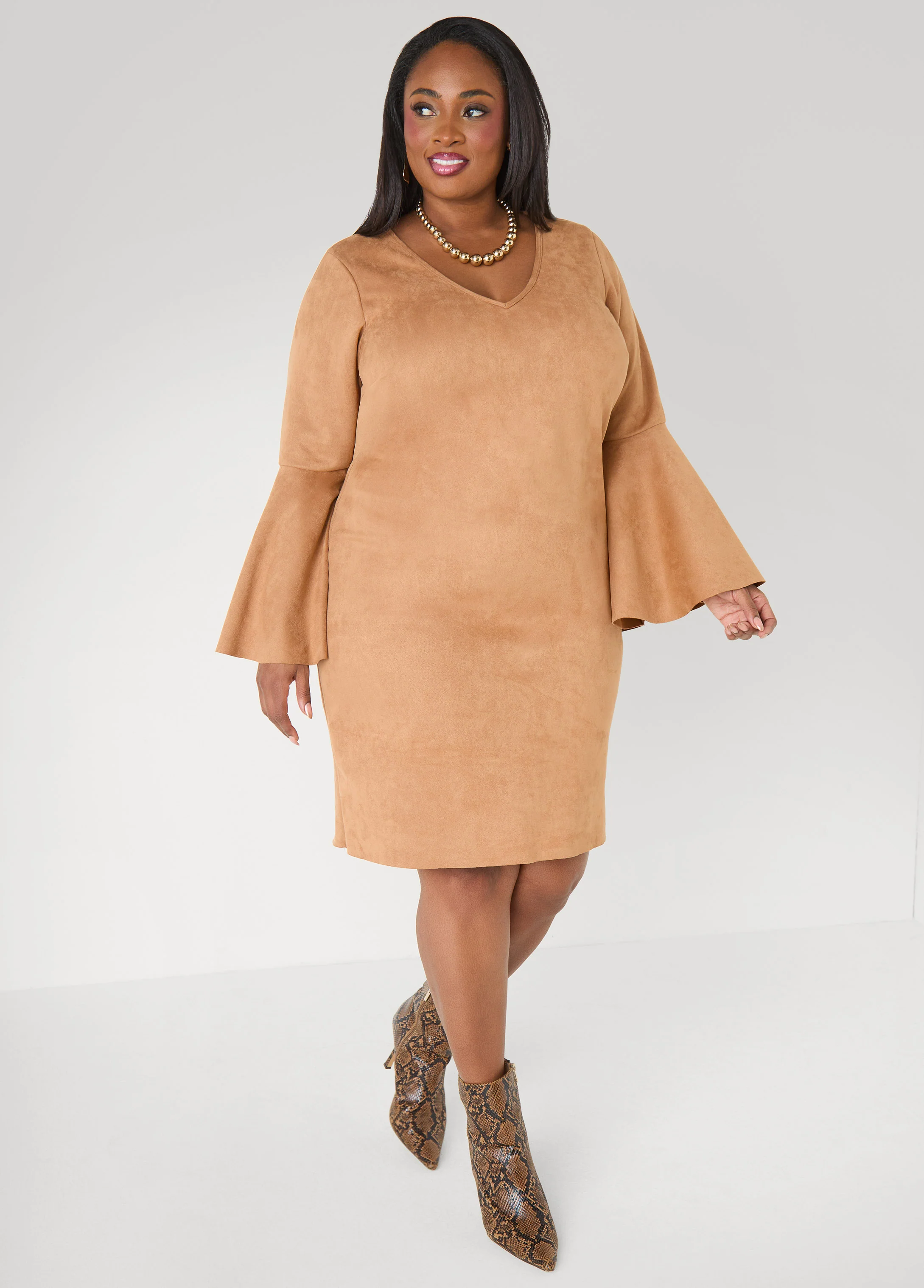 Bell Sleeved Faux Suede Dress - Image 11