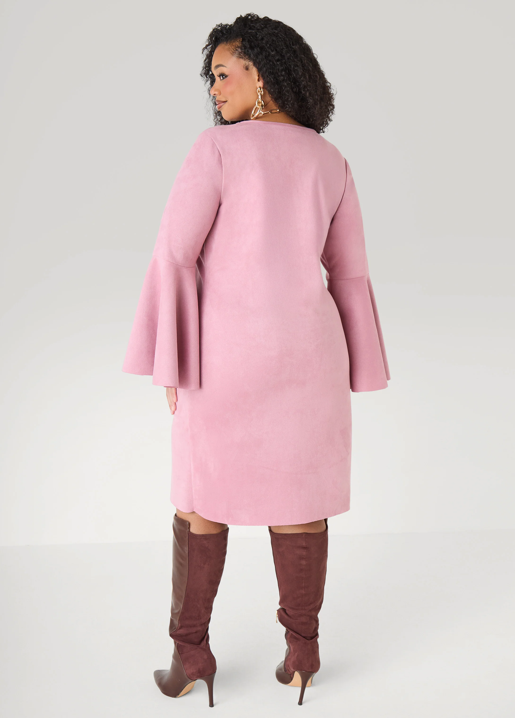 Bell Sleeved Faux Suede Dress - Image 4