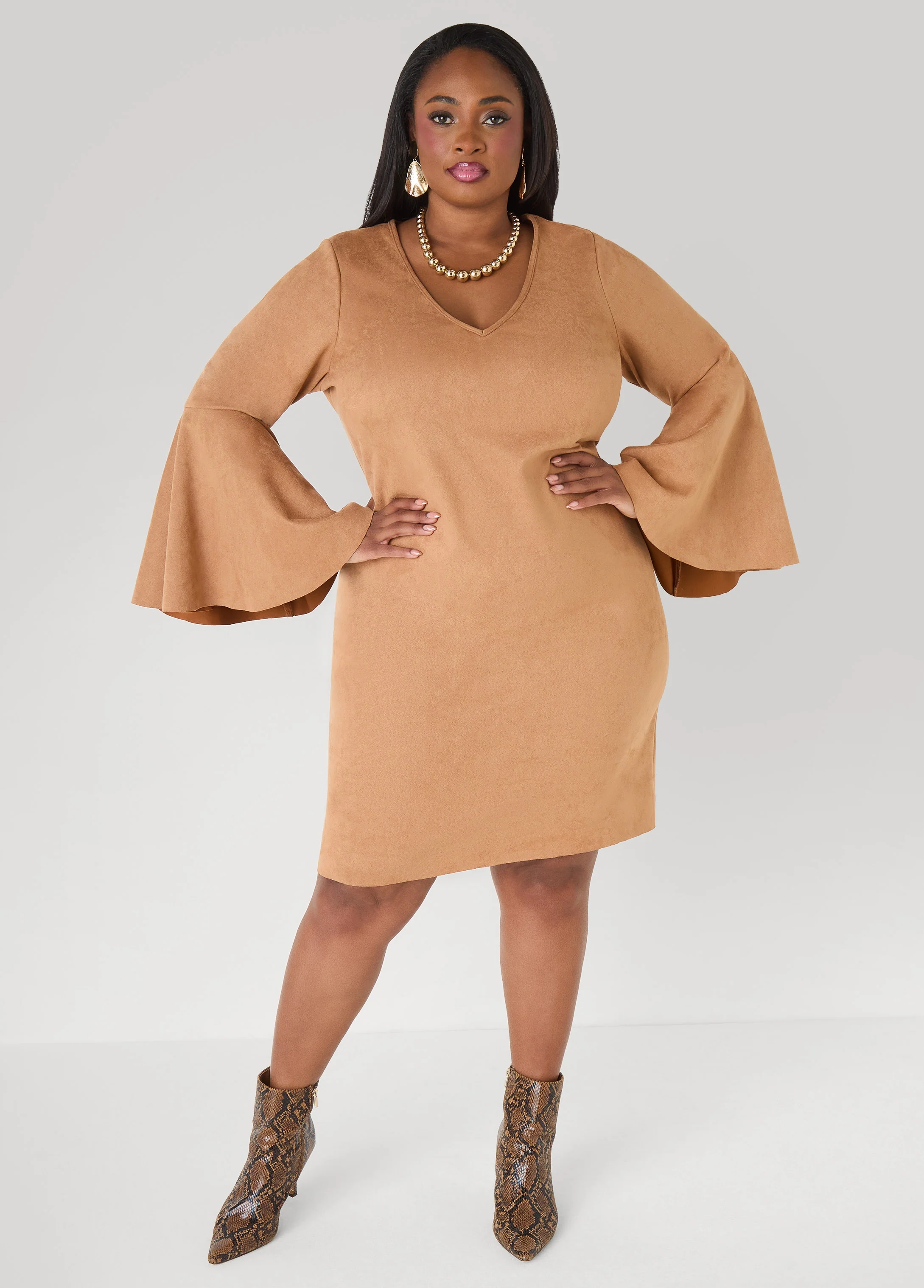 Bell Sleeved Faux Suede Dress - Image 8