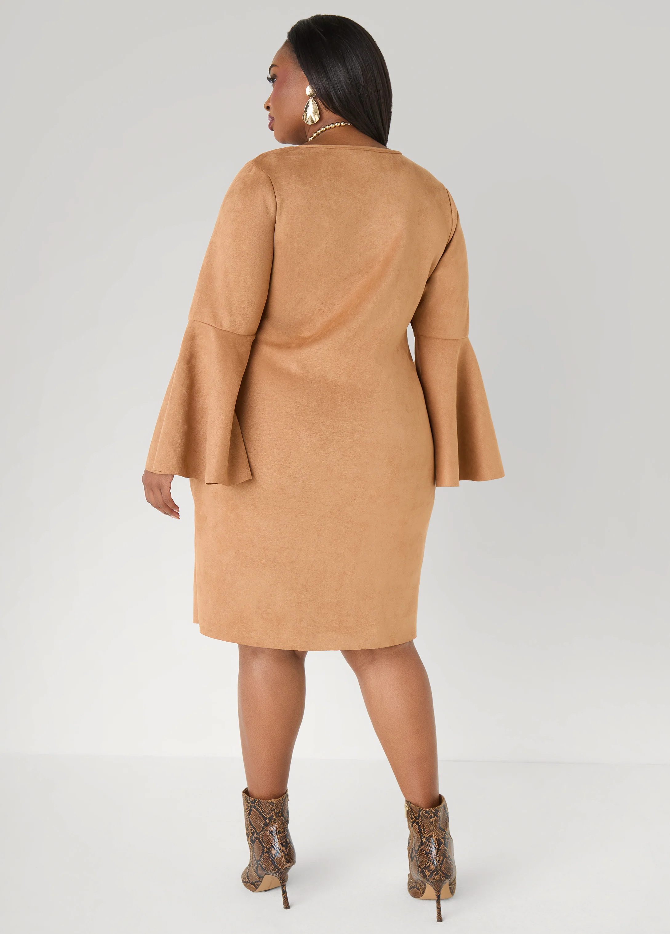 Bell Sleeved Faux Suede Dress - Image 9