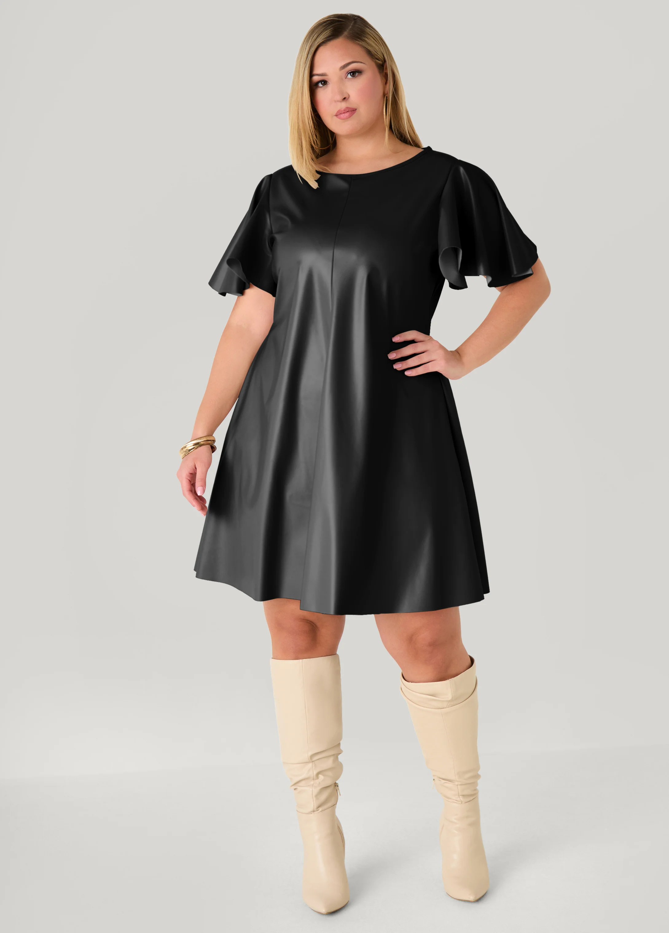 Flutter Sleeve Faux Leather Dress - Image 4