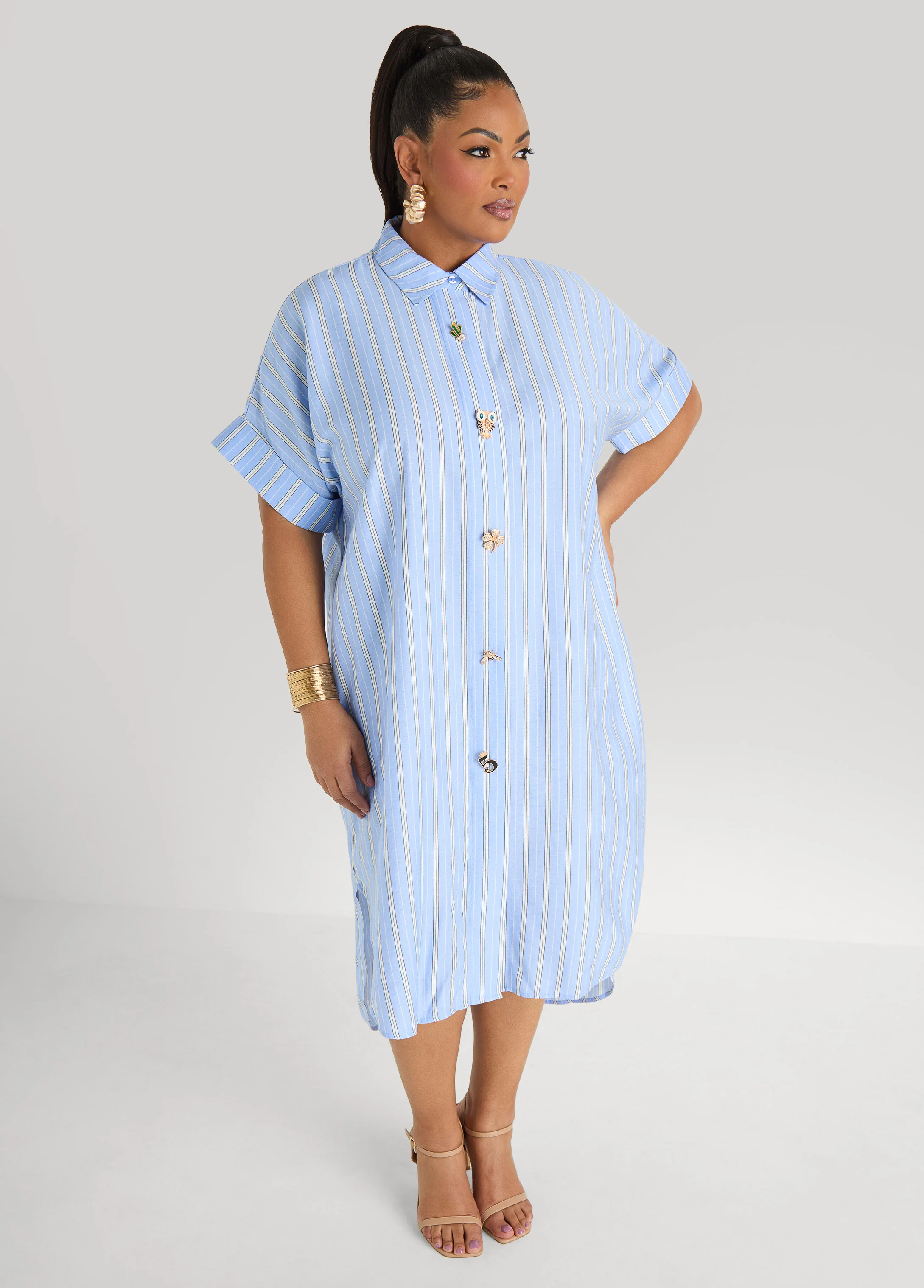 Button Detailed Striped Shirtdress - Image 3