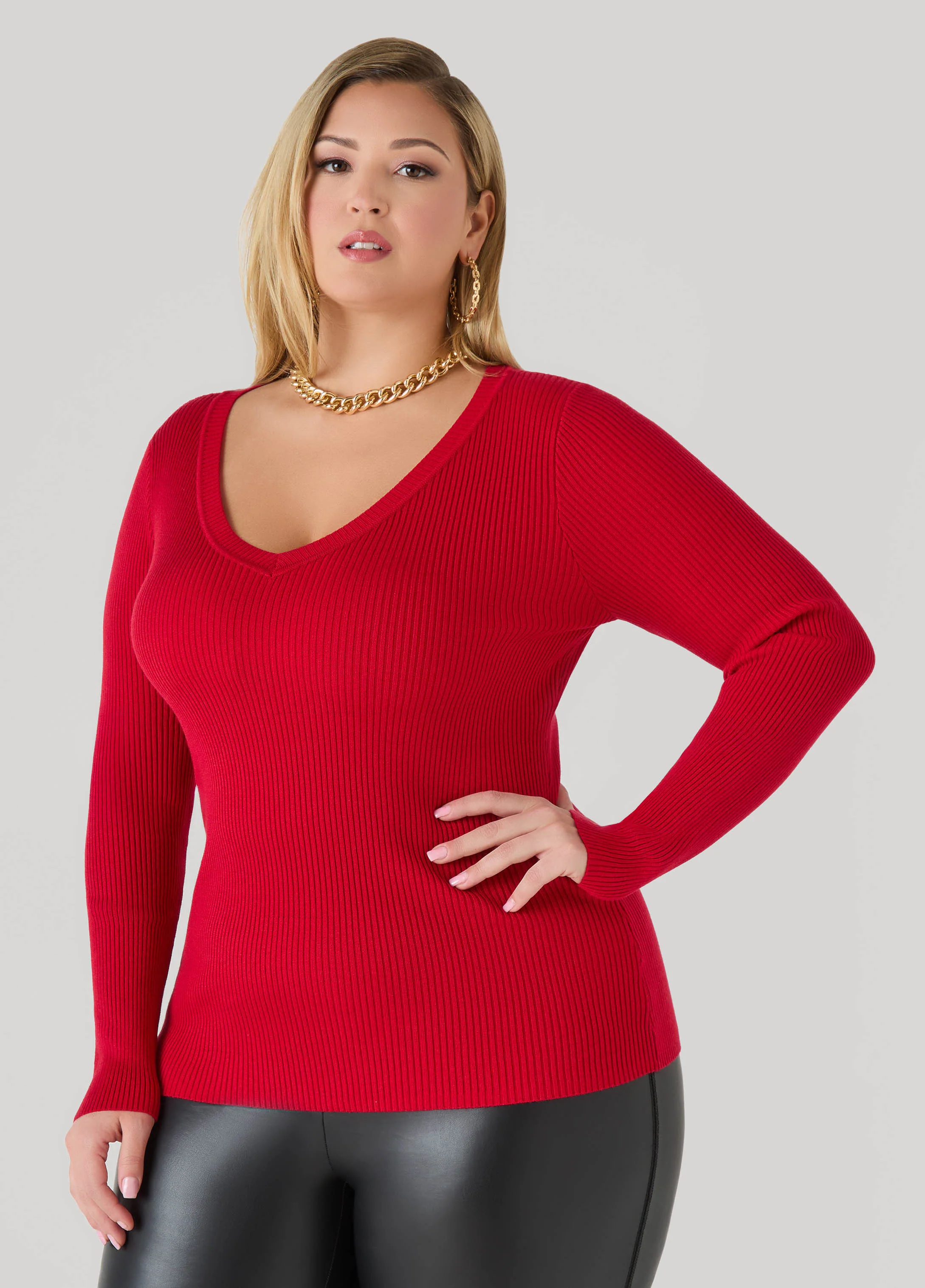 Ribbed Knit V Neck Sweater - Image 11