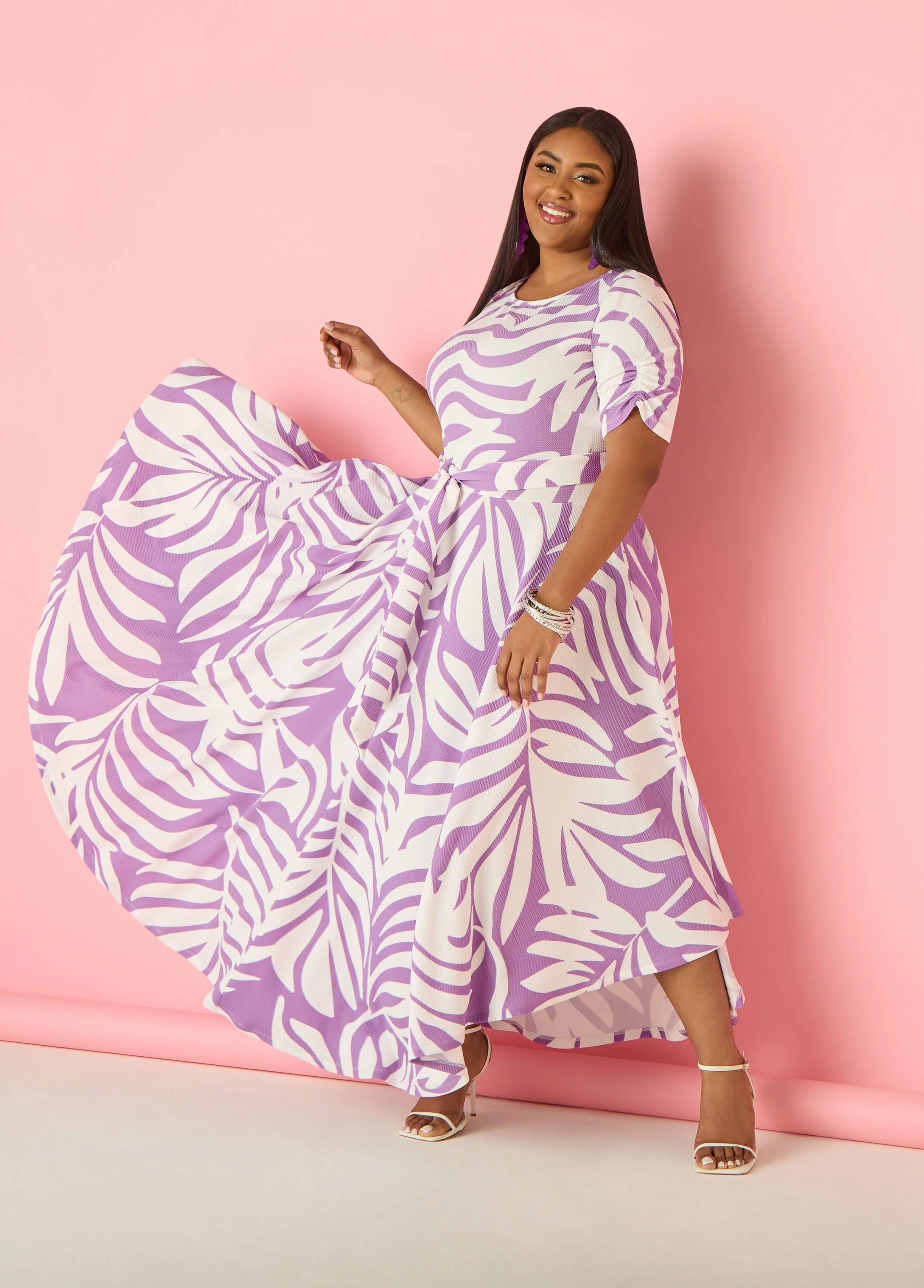 Ruched Leaf Print A Line Dress - Image 2
