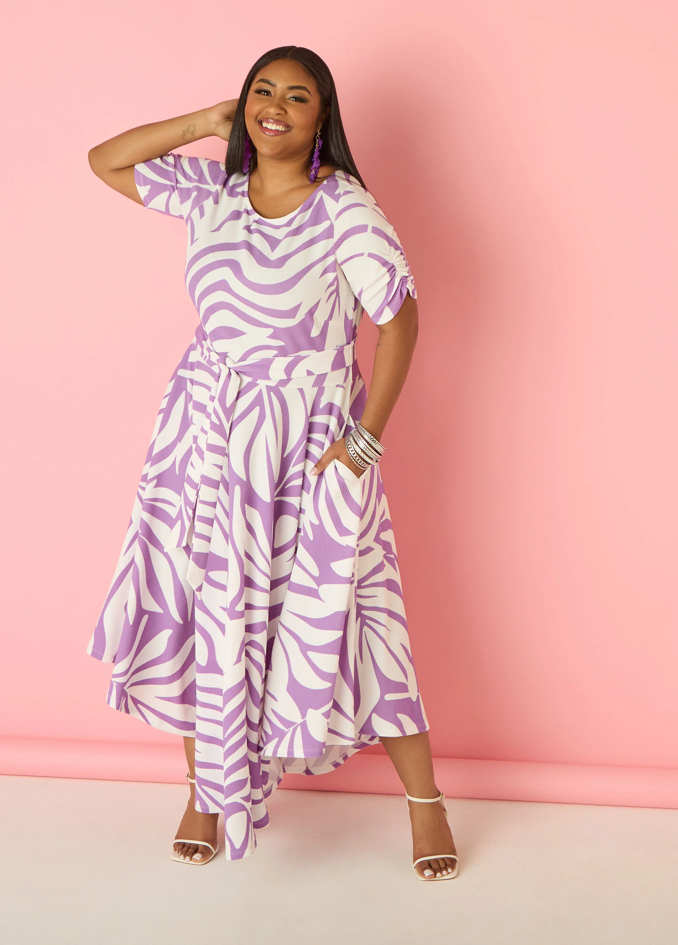 Ruched Leaf Print A Line Dress - Image 4