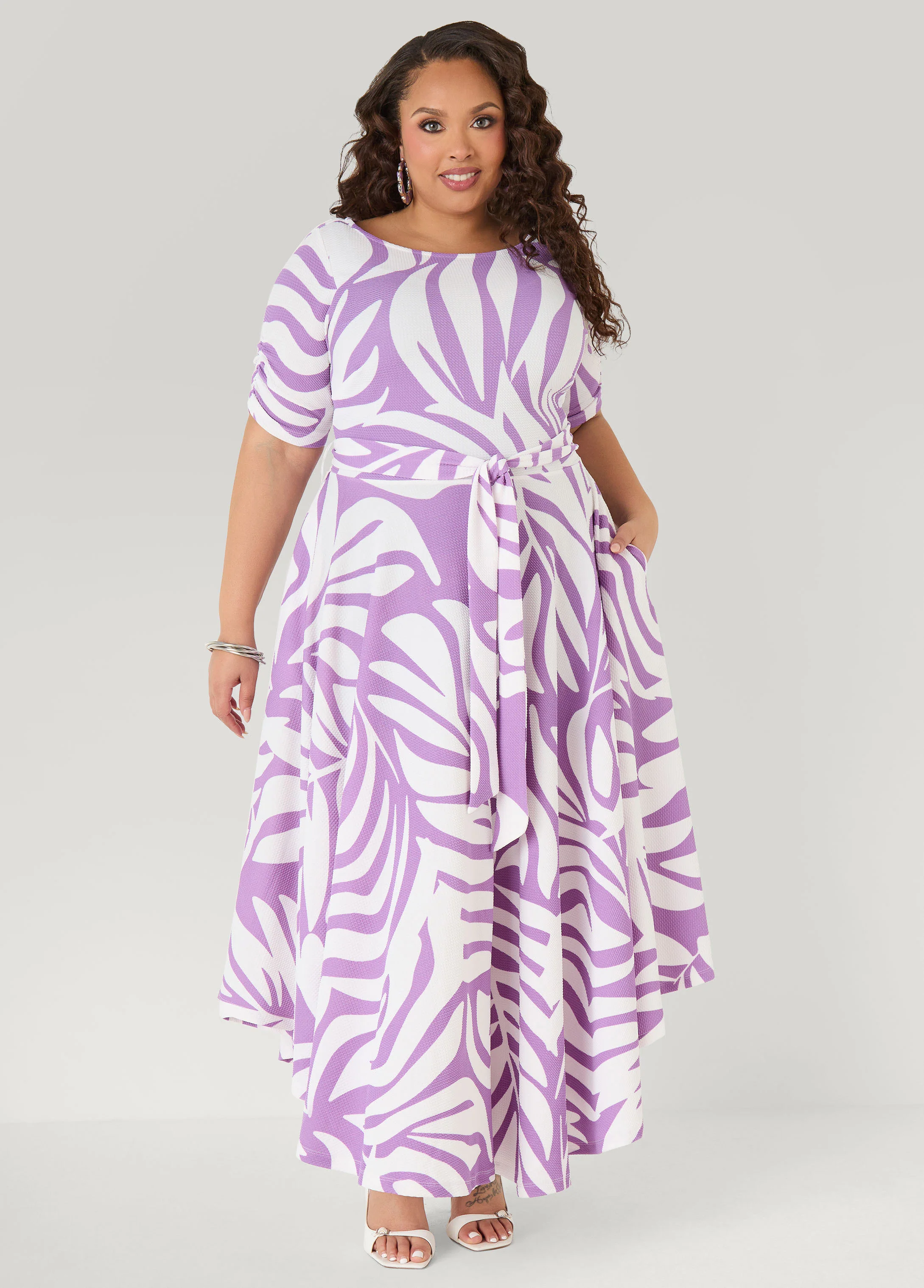 Ruched Leaf Print A Line Dress - Image 5